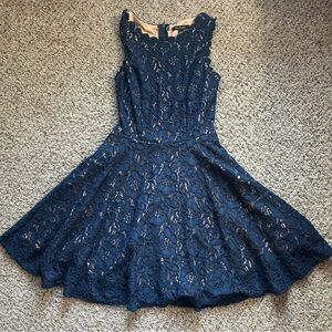 City Studio Blue and Cream Mini Lace Occasion Dress Macy’s